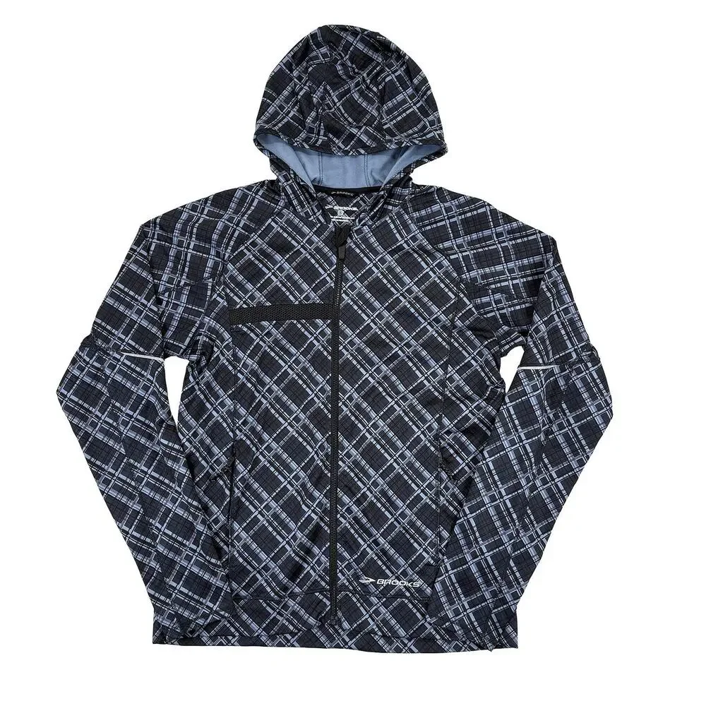 Brooks Running Jacket Men S Black Blue Plaid Hooded Windbreaker Lightweight Rain